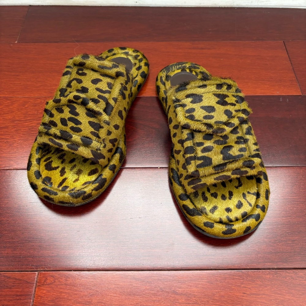 Tibi Pony Hair Calf Print Beryen Slide Sandal in Olive Green Leopard Print 39